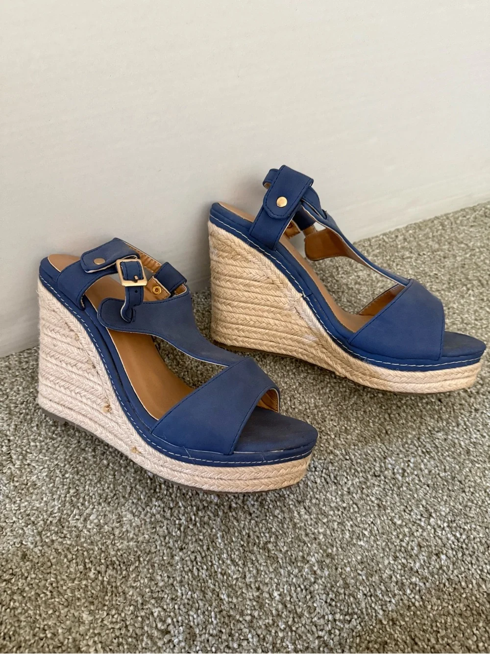 Women's Gray Blue Wedge Espadrille Sandals with Ankle Strap